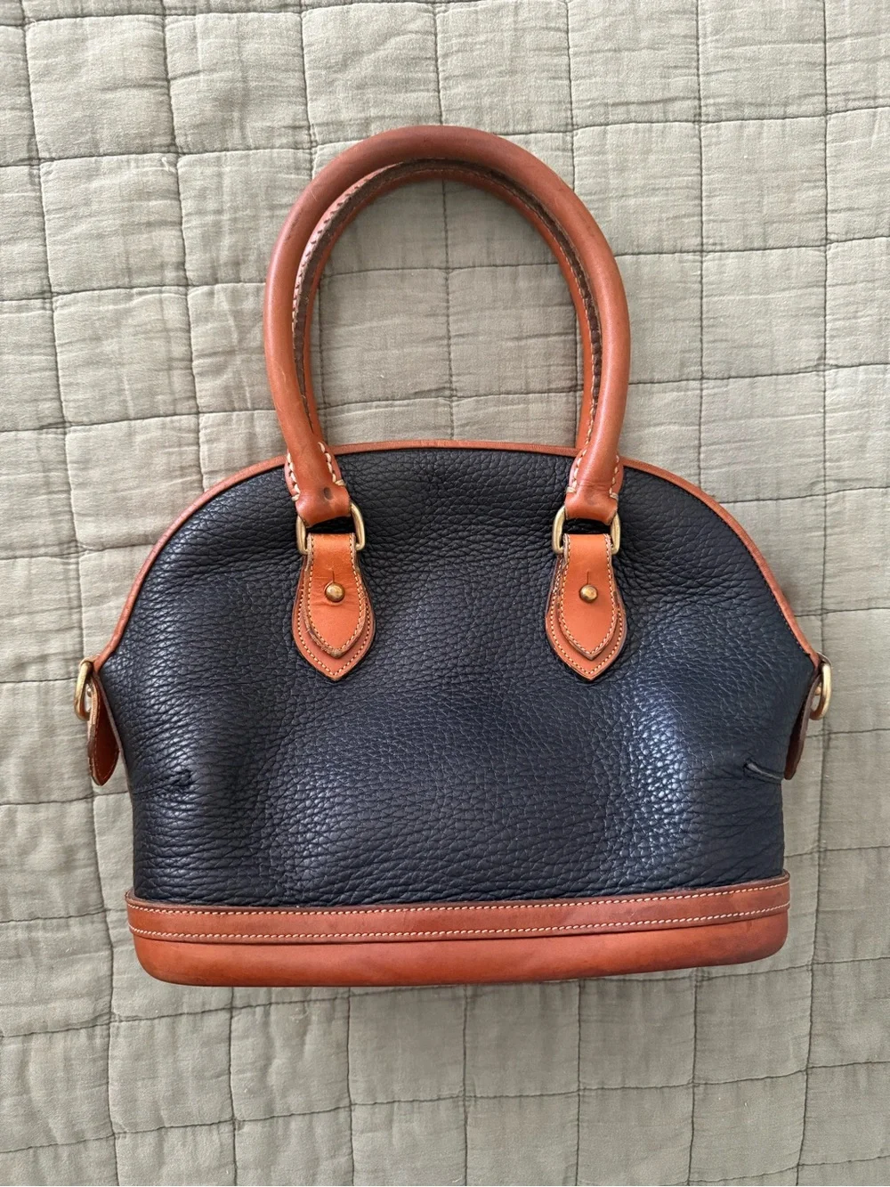 Dooney & Bourke Navy Pebbled Leather Satchel with Tan Trim